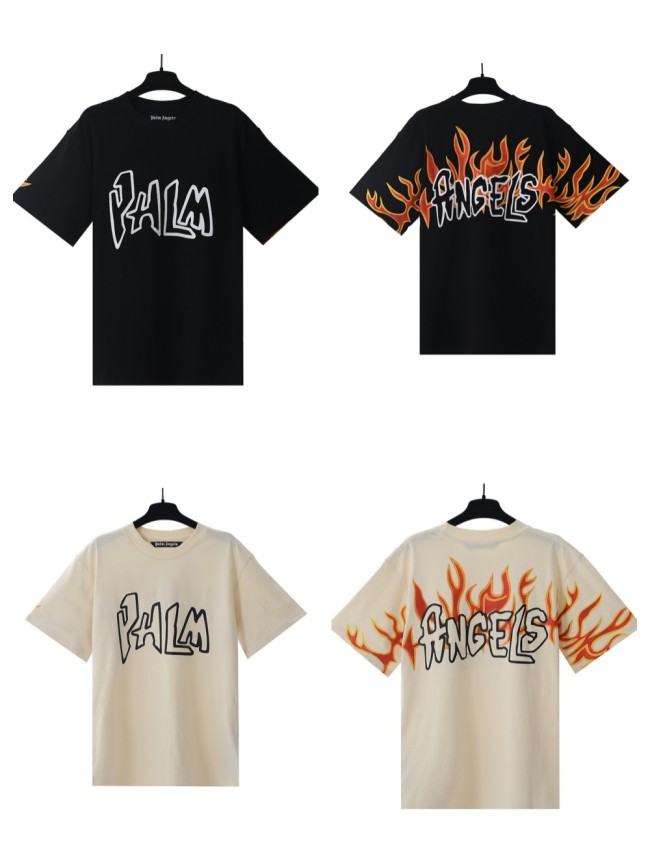 Palm angels Cartoon Letter Back Burning Flame Print tee 2 colors