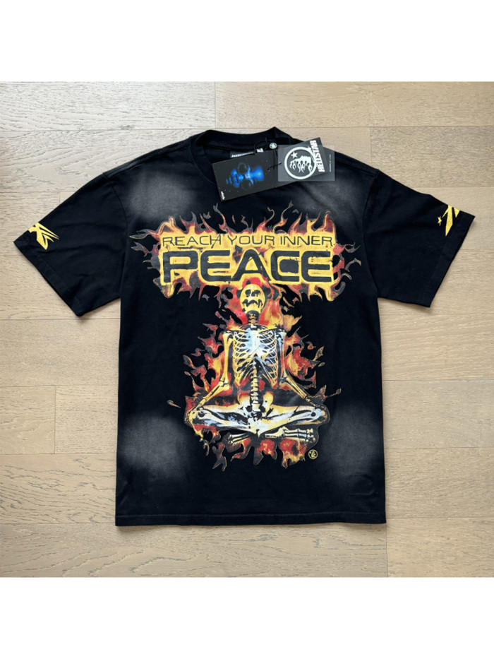 Hellstar Studio Meditating Skeleton Flame Letter Printed Washed Version Tee