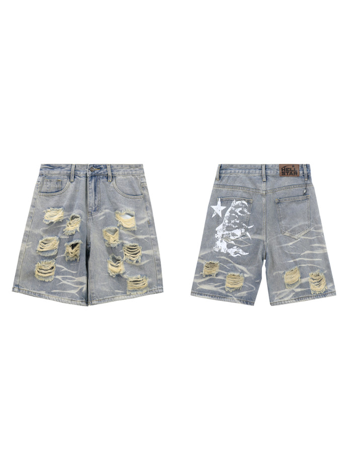 Hellstar Studio High street vintage ripped back logo print denim shorts