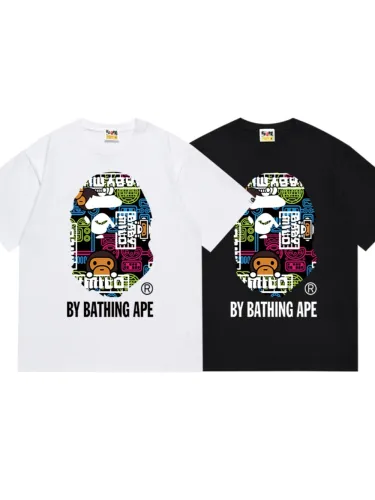 Colorful Cartoon Pattern Monkey Ape Head Letter Printed Tee 2 colors