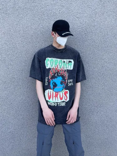 Distressed and flame print vintage t-shirt 2colors