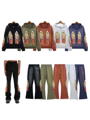 Flame Letter Print Washed Version hoodie & pants set 5 colors【no rhinestones】