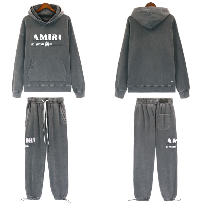 Amiri Solid Colour Appliquéd Embroidery Brushed Washed Hoodie & Pants Set 2 colors