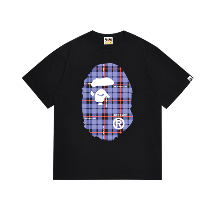 A Bathing Ape Double-sided black blue red large plaid letter printing Tee 2 colors