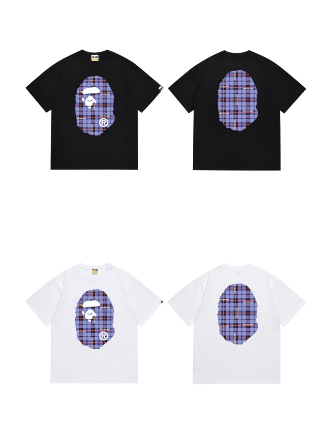 A Bathing Ape Double-sided black blue red large plaid letter printing Tee 2 colors