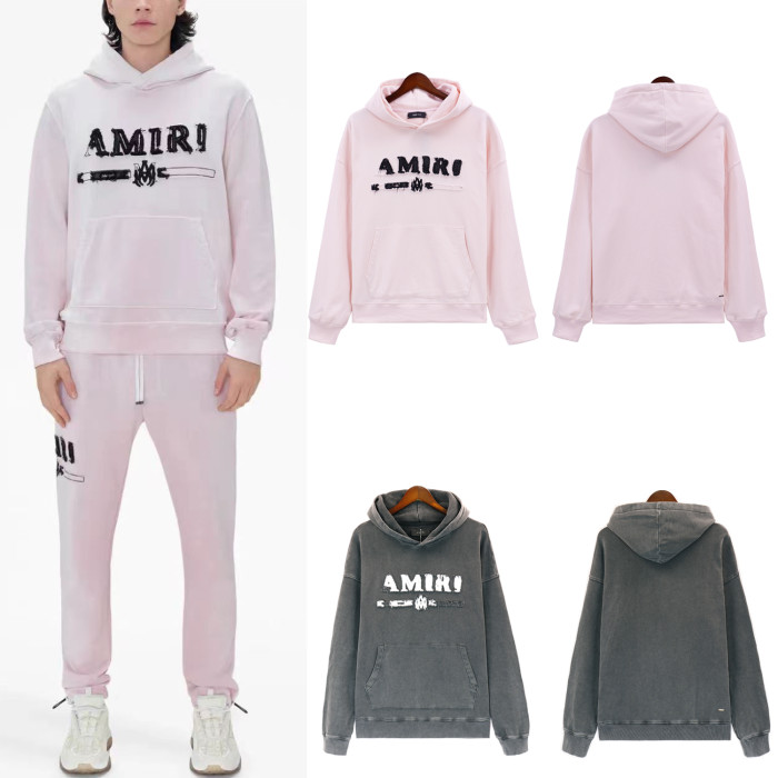 Amiri Solid Colour Appliquéd Embroidery Brushed Washed Hoodie & Pants Set 2 colors