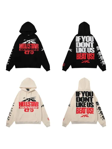 Back Large monogrammed slogan sleeve skull print hoodie 2 colors