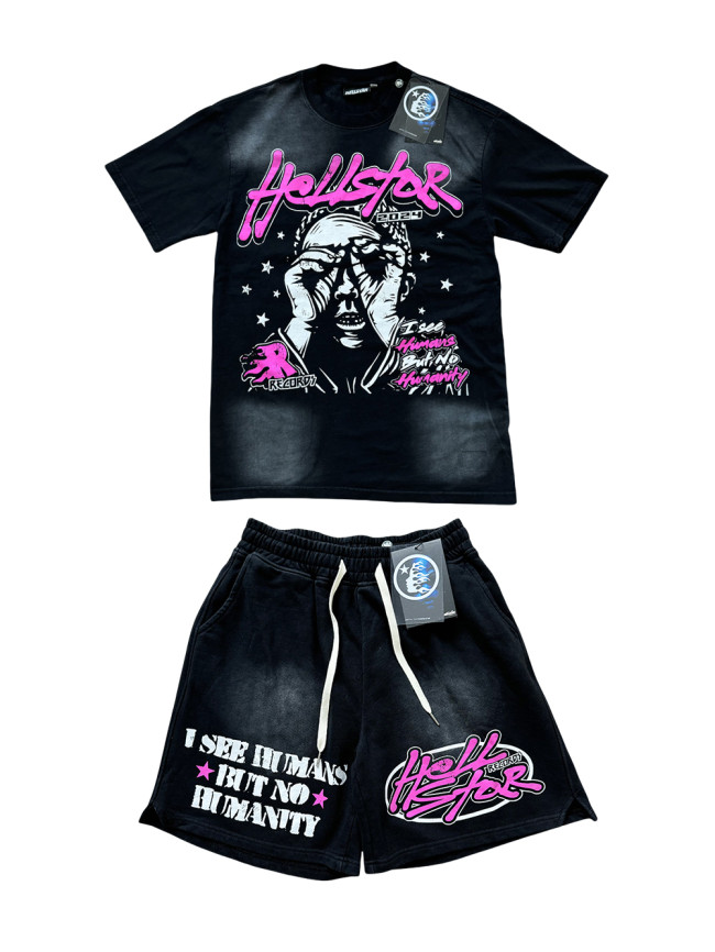 Hellstar Studio 2024 Hip Hop Portrait Slogan Printed Washed Version Tee & Shorts Set
