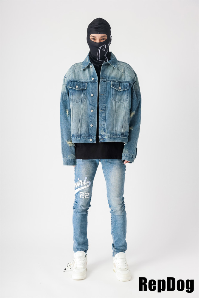 Kanye West Yeezy Armour style making old cat whiskers torn denim Jacket Kanye West YZY