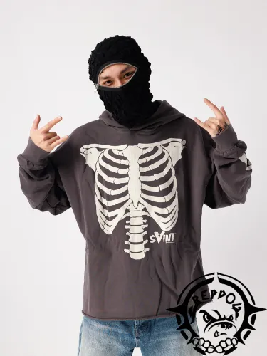 Skeleton Ribbed Turtle Print Hoodie