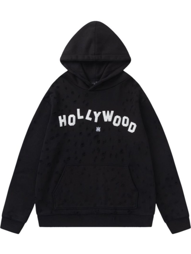 Amiri Hollywood applique monogram embroidered ripped hoodie
