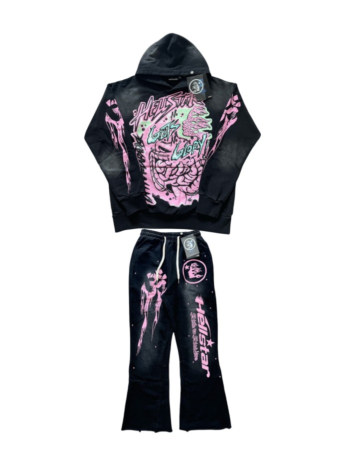 Hellstar Studio Gut Print Pollen Alphabet Washed Black hoodie & pants set