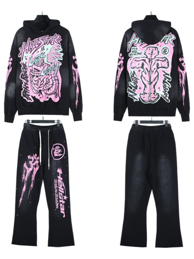 Hellstar Studio Gut Print Pollen Alphabet Washed Black hoodie & pants set