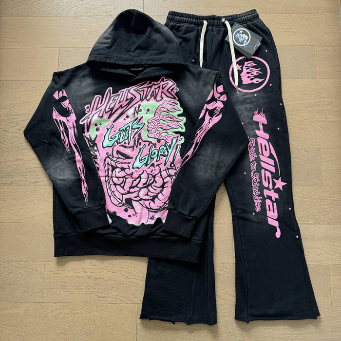 Hellstar Studio Gut Print Pollen Alphabet Washed Black hoodie & pants set