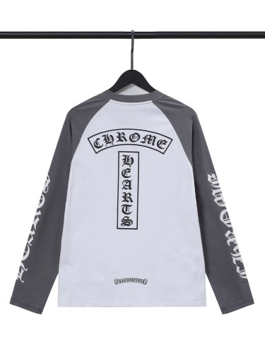 Back T-shaped Sanskrit letters printed white gray color combination long-sleeved T-shirt