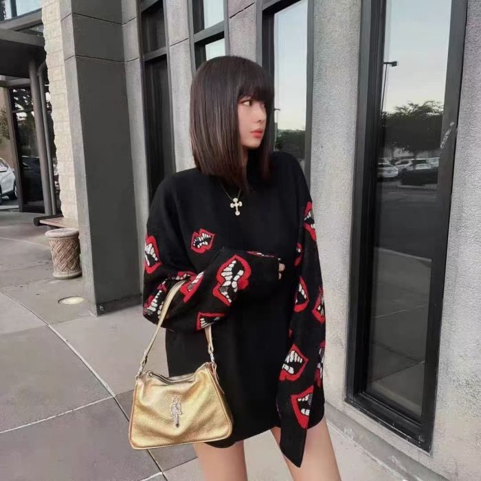 Chrome Hearts Lips Jacquard Red Leather Cross Sweater