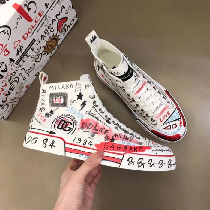 DOLCE AND  G@BB@N@ HAND-PAINTED GRAFFITI CANVAS PORTOFINO LIGHT MID-TOP SNEAKERS    DG111