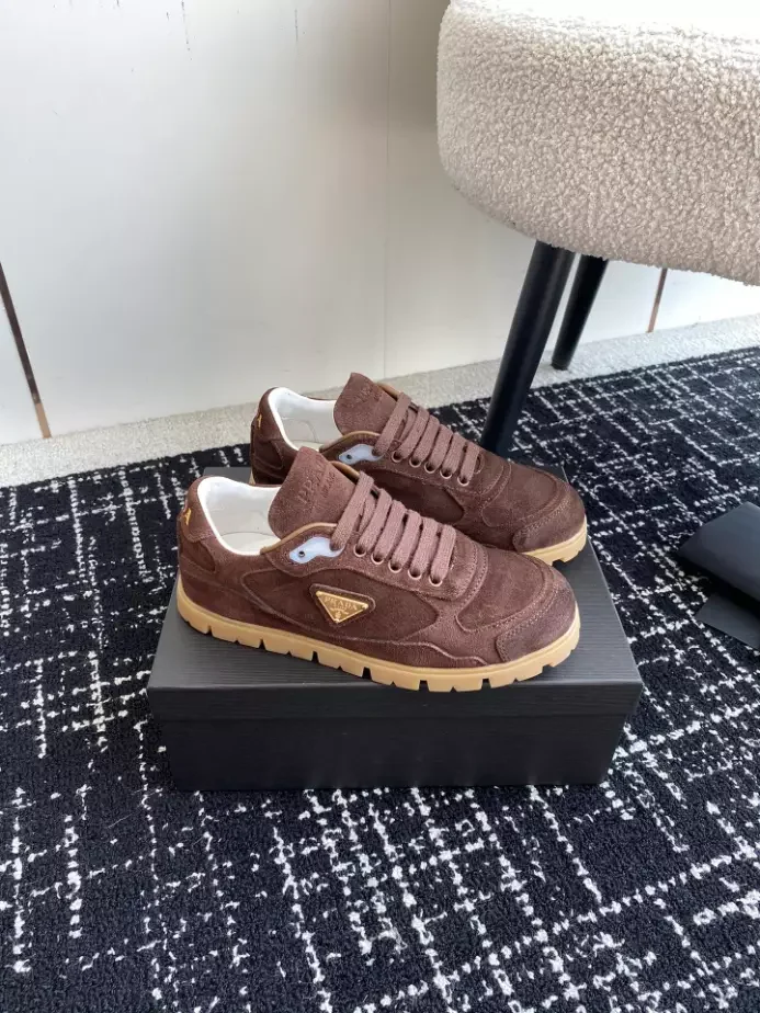 PR@DA@ TRAIL FADED SUEDE SNEAKERS IN DARK BROWN- PRD079