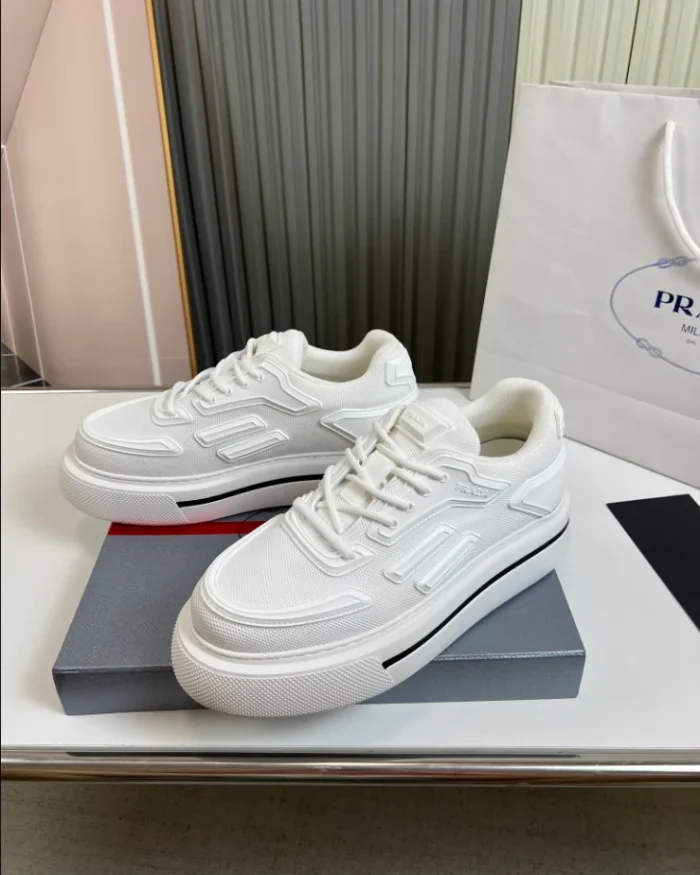 PR@DA@ MACRO RE-NYLON AND BRUSHED LEATHER SNEAKERS   PRD061