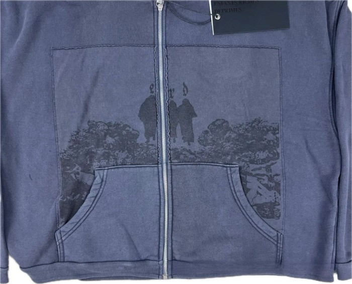 Illustration Patchwork Washed and Aged Zipper Hoodie 6 colors