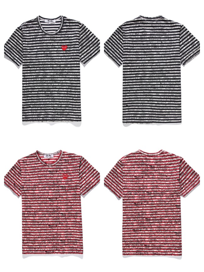 Cdg Play Full Printed Black Graffiti Stripe Red Heart Embroidered Tee 2 colors