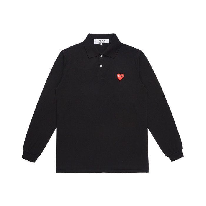 Cdg Play Classic Red Heart Long Sleeve Embroidered Polo Shirt 3 Colors