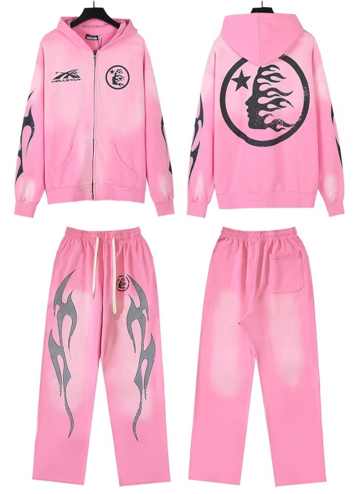 Hellstar Studio Star and Face Print Pink Washed Zipper hoodie & pants set