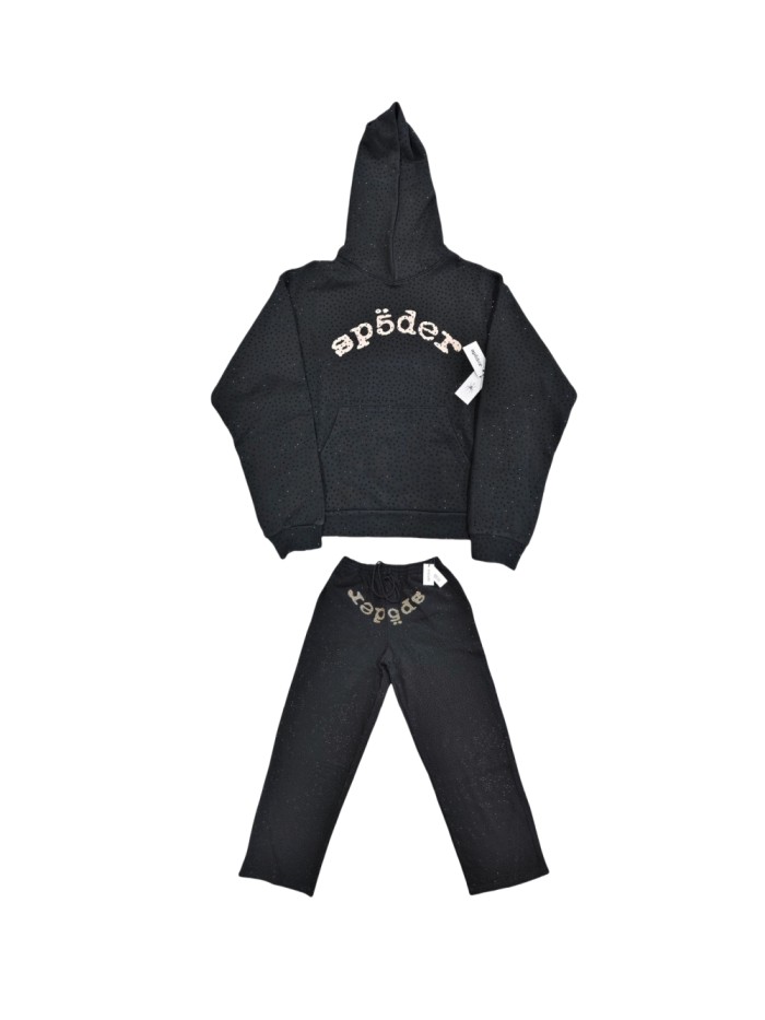 Young Thug-Sp5der Front and back Rhinestone monogrammed VVS Hoodie & Pants Set 2 colors
