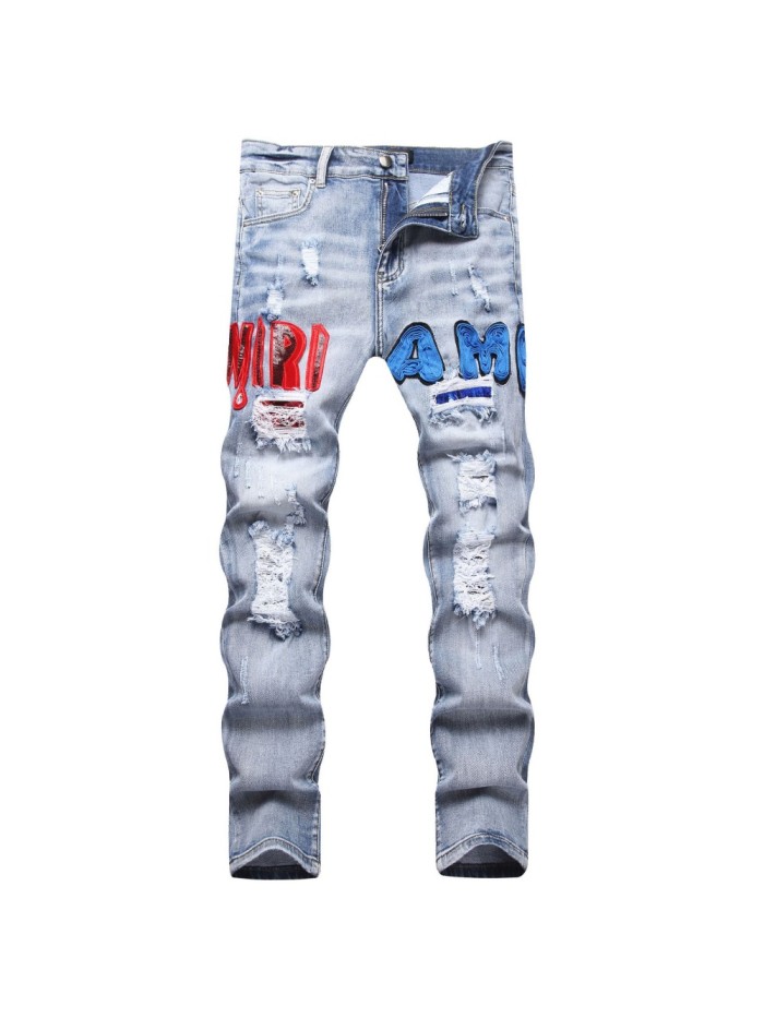 Amiri Red and Blue Hole Patch Embroidery Jeans