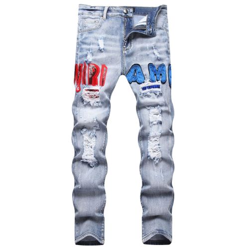 Amiri Red and Blue Hole Patch Embroidery Jeans