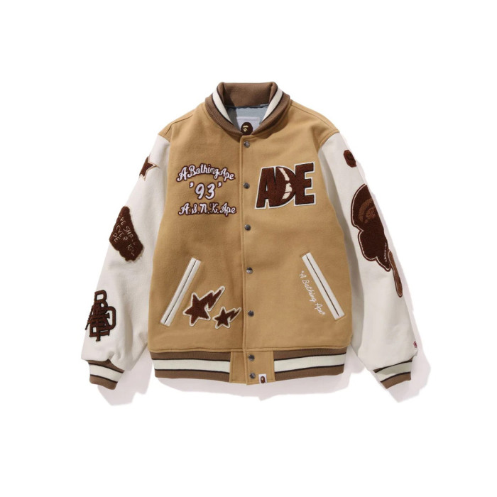 A Bathing Ape Color-blocked Fleece APE Embroidered Baseball Jacket 2 colors