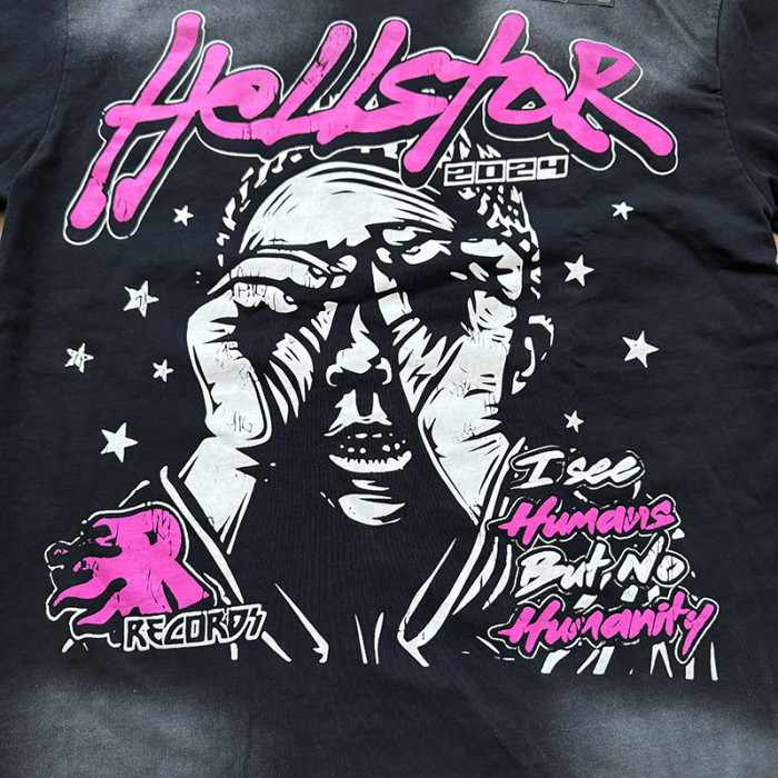 Hellstar Studio 2024 Hip Hop Portrait Slogan Printed Washed Version Tee & Shorts Set