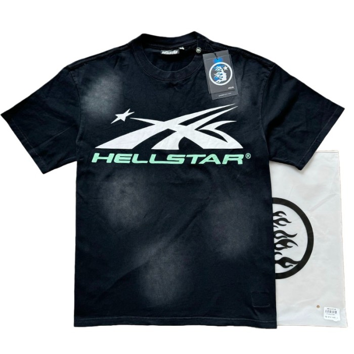 Hellstar Studio White Green Logo Washed Black Tee