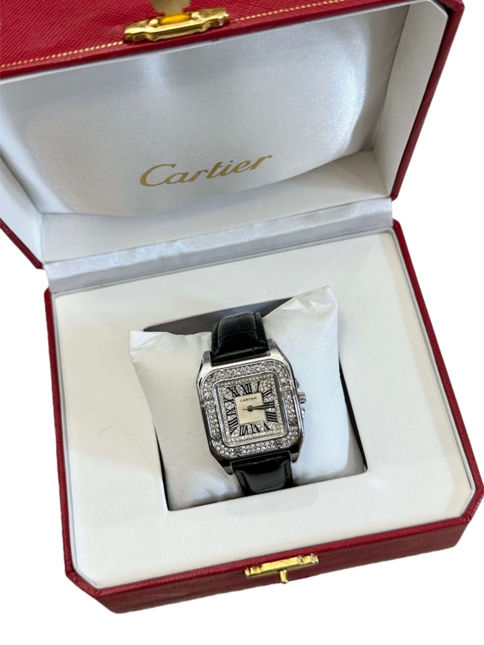 Santos Silver Paved Diamond Square Dial Quartz Movement Watch【Dial diameter：33mm】