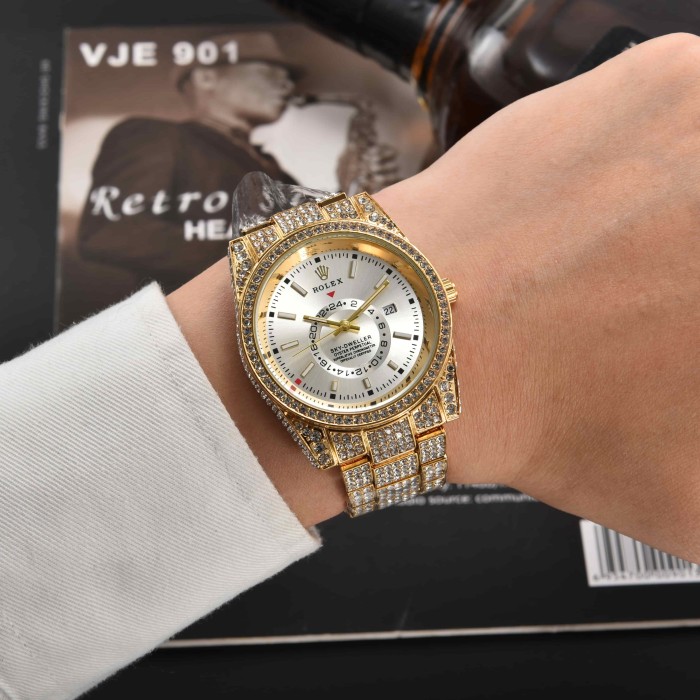 Sky-Dweller Style Dual Time Zones Cubic Zirconia Inlay Quartz Movement Watch 17 colors