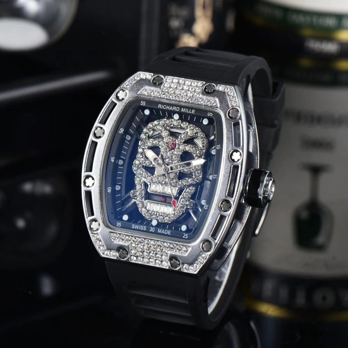 Tonneau Shaped Skull Design Cubic Zirconia Inlay Quartz Movement Watch 5 colors