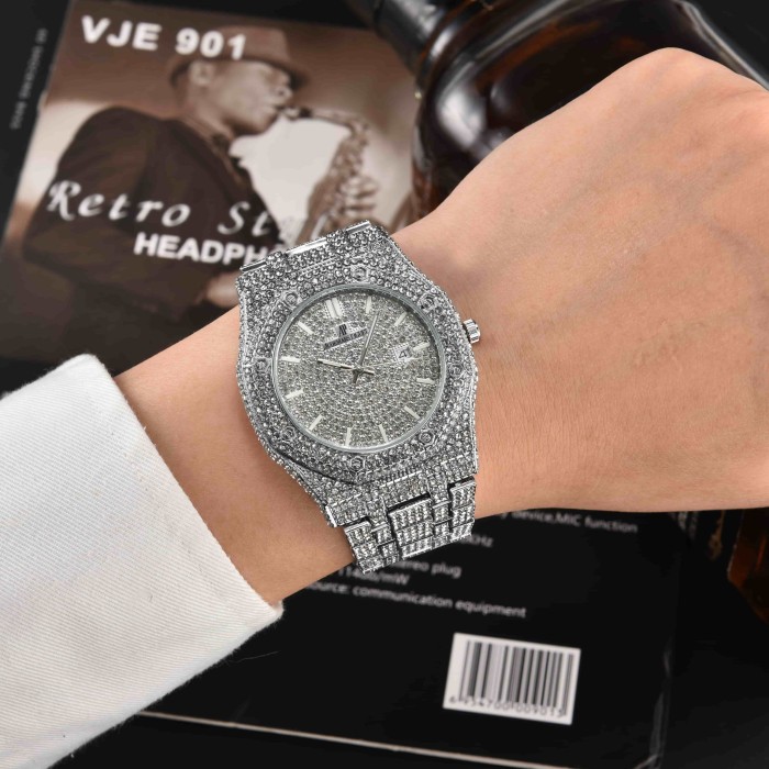 Royal Oak Full Cubic Zirconia Inlay Quartz Movement Watch 3 colors