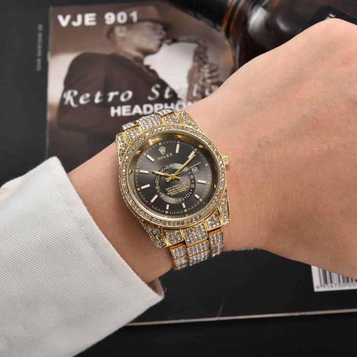 Sky-Dweller Style Dual Time Zones Cubic Zirconia Inlay Quartz Movement Watch 17 colors