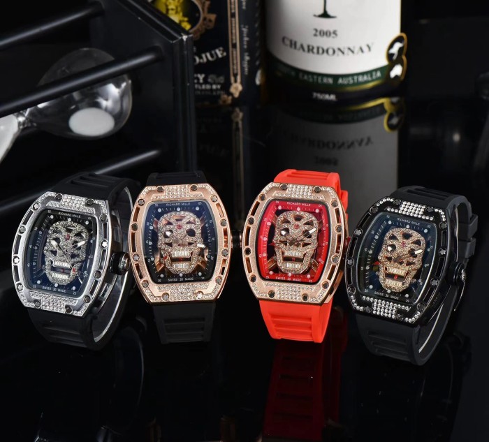 Tonneau Shaped Skull Design Cubic Zirconia Inlay Quartz Movement Watch 5 colors