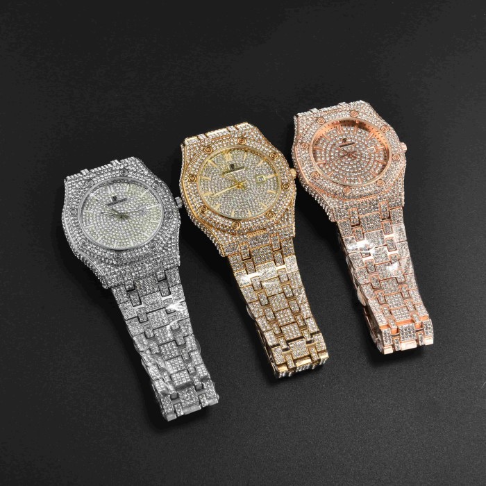 Royal Oak Full Cubic Zirconia Inlay Quartz Movement Watch 3 colors