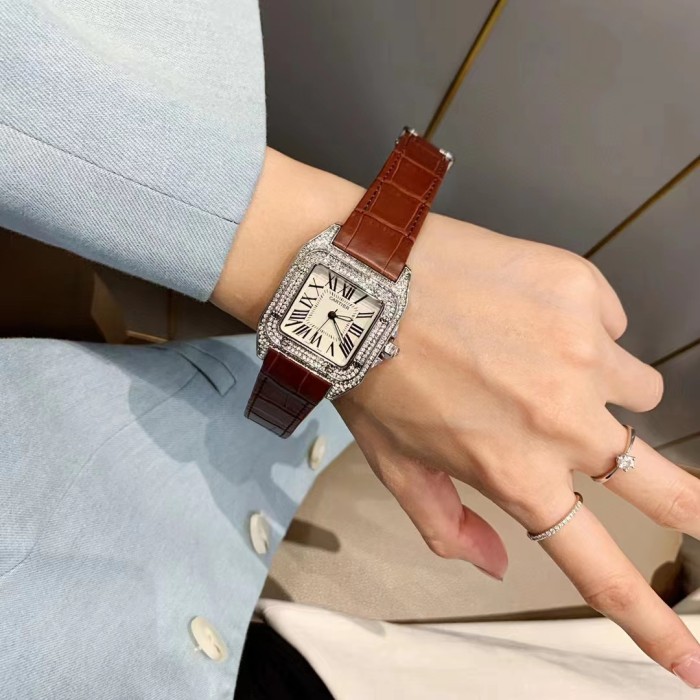Santos Roman Numeral Markings Cubic Zirconia Inlay Quartz Movement Watch 3 colors