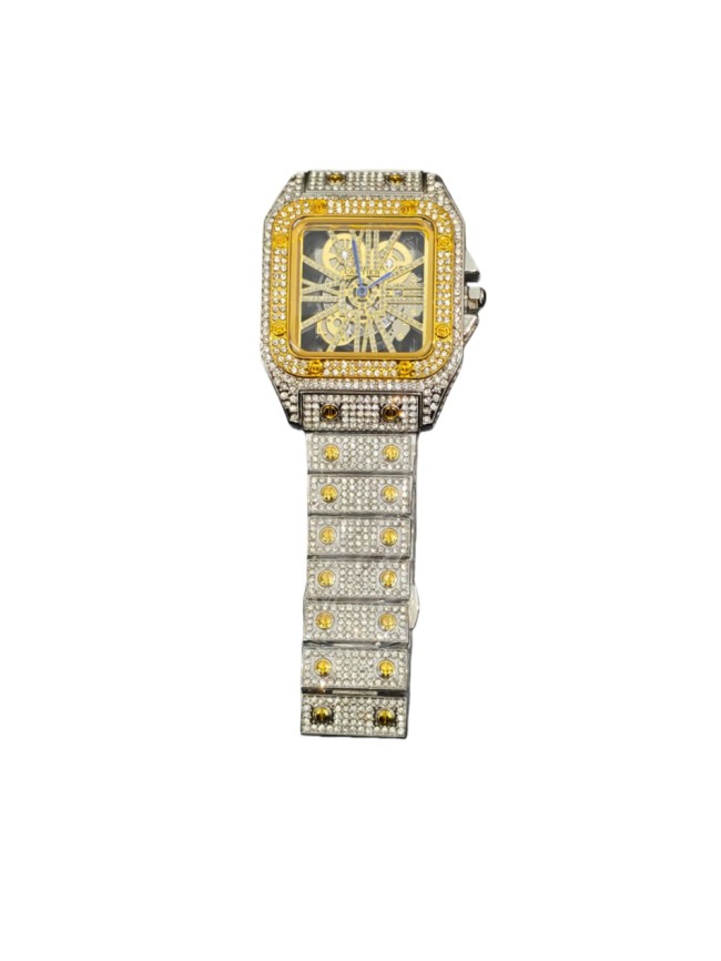 Gold and Silver Dial Full Cubic Zirconia Inlay Quartz Movement Watch