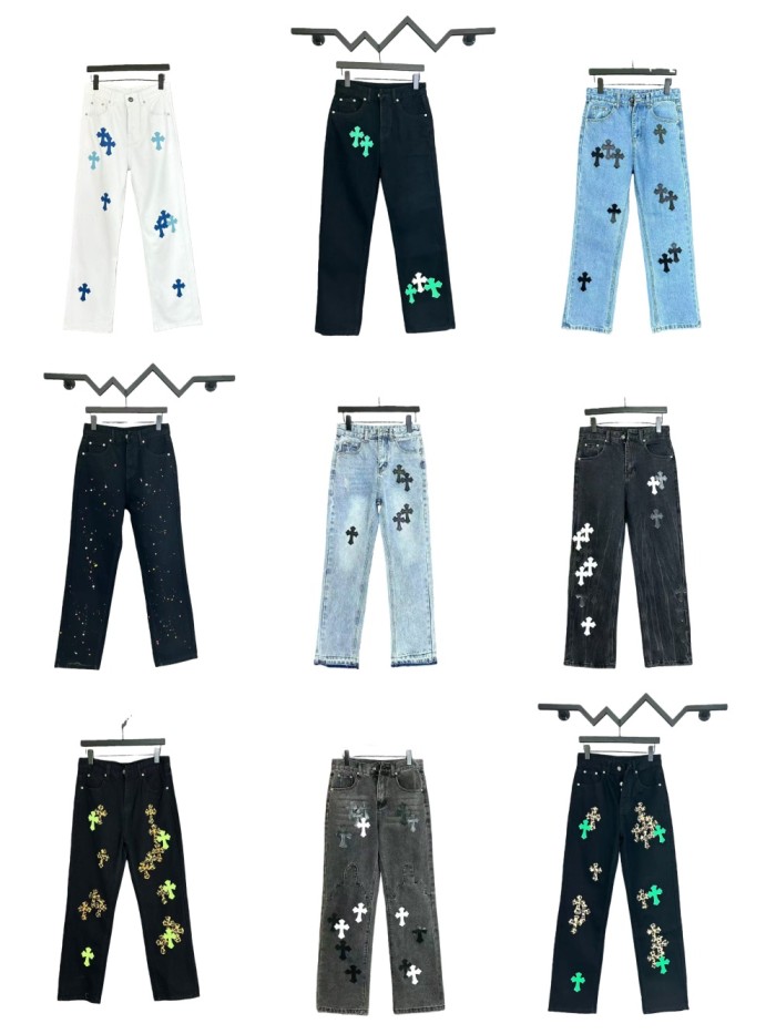 Cross Leather Patch Washed Denim Jeans 21 colors