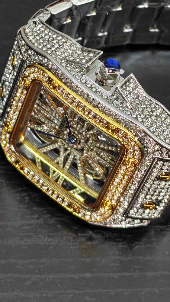 Gold and Silver Dial Full Cubic Zirconia Inlay Quartz Movement Watch