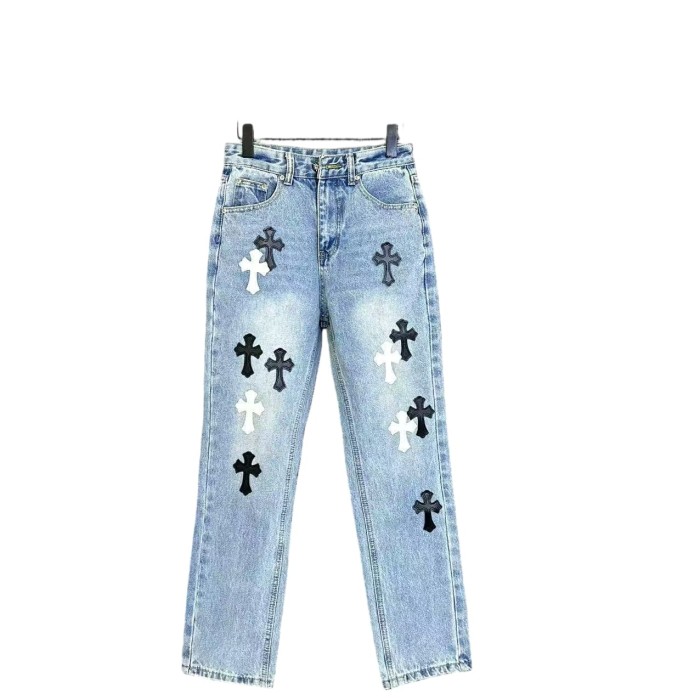 Cross Leather Patch Washed Denim Jeans 21 colors