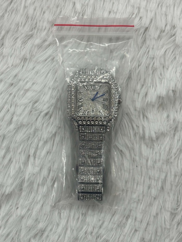 Square Silver Dial Full Cubic Zirconia Inlay Quartz Movement Watch