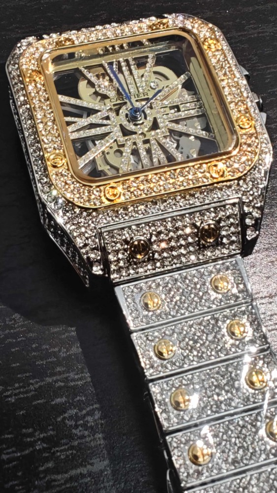 Gold and Silver Dial Full Cubic Zirconia Inlay Quartz Movement Watch