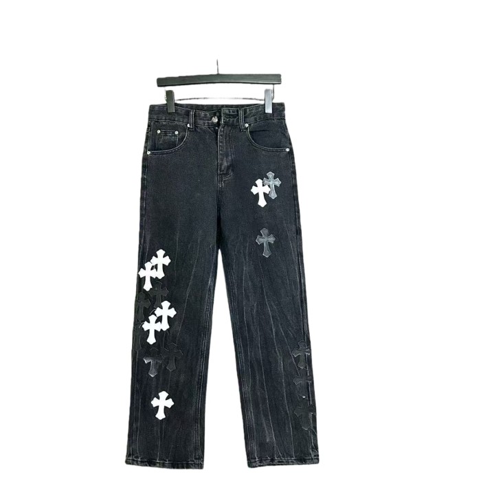 Cross Leather Patch Washed Denim Jeans 21 colors