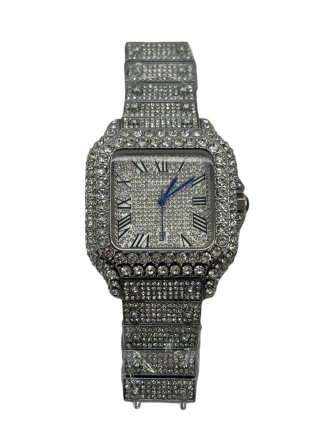 Square Silver Dial Full Cubic Zirconia Inlay Quartz Movement Watch