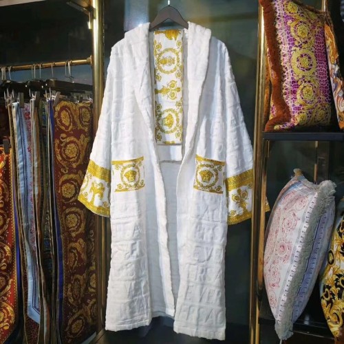 Golden Waistband Solid Color Cut Pile Jacquard Bathrobe 2 colors